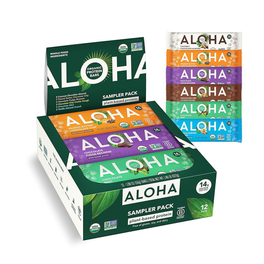 ALOHA Organic Plant Based Protein Bars - 6 Flavor Variety Pack - 12 Count